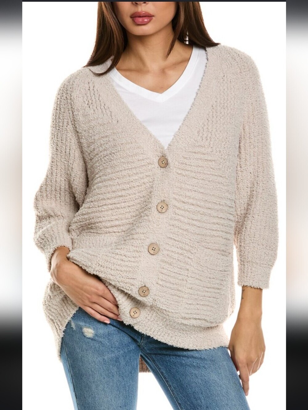 Barefoot Dreams Stone Women's Cozytwist Raglan Button Front 3/4 Sleeved Cardigan